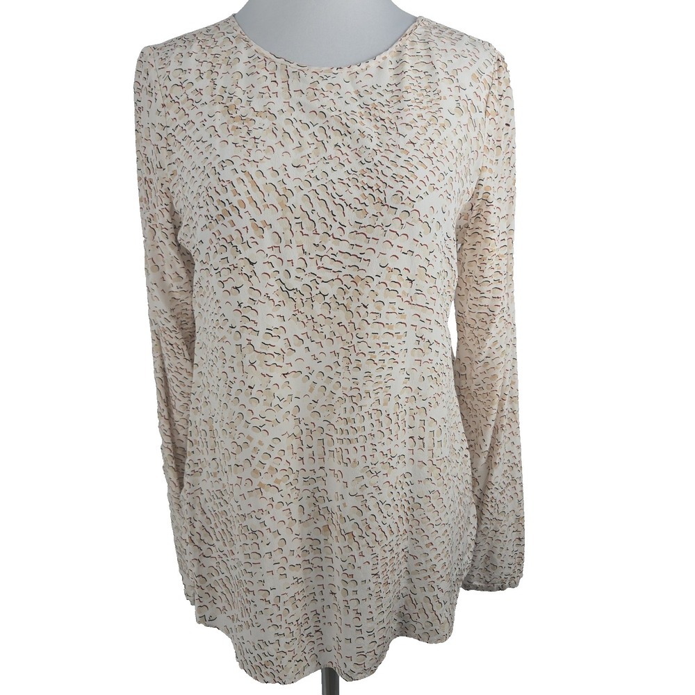 WHBM Size 6 100% Silk‎ Beige Print Long Sleeve Blouse Top